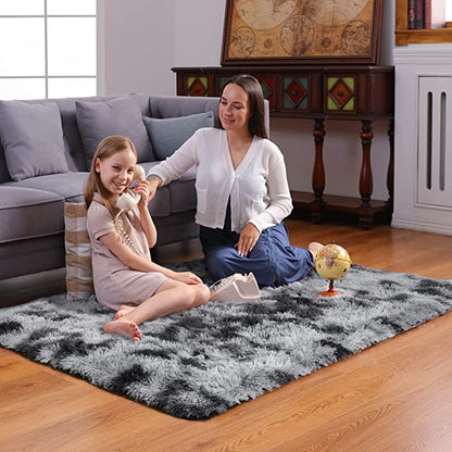 Rugs for Bedroom, Fluffy Shag Fuzzy Soft Carpet, Plush Shaggy Bedside Area Rug, Indoor Floor Living Room Carpet for Kids Boys Dorm Home Decor Aesthetic, Nursery, 4 x 5.3 Feet Black and Grey