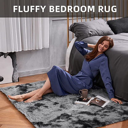 Rugs for Bedroom, Fluffy Shag Fuzzy Soft Carpet, Plush Shaggy Bedside Area Rug, Indoor Floor Living Room Carpet for Kids Boys Dorm Home Decor Aesthetic, Nursery, 4 x 5.3 Feet Black and Grey