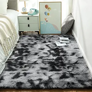 Rugs for Bedroom, Fluffy Shag Fuzzy Soft Carpet, Plush Shaggy Bedside Area Rug, Indoor Floor Living Room Carpet for Kids Boys Dorm Home Decor Aesthetic, Nursery, 4 x 5.3 Feet Black and Grey